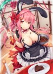  1girl akkijin animal_ears apron blush breasts bunny_paws cake card carrot chocolate chocolate_cake cleavage dessert eyebrows_visible_through_hair food fortuna_(shinkai_no_valkyrie) hair_ornament hair_ribbon heart large_breasts long_hair looking_at_viewer orange_eyes pink_hair rabbit_ears ribbon shinkai_no_valkyrie smile solo 