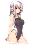  1girl adyisu altair_floone black_swimsuit competition_swimsuit covered_navel cowboy_shot eyebrows_visible_through_hair grey_hair hair_between_eyes looking_at_viewer one-piece_swimsuit original red_eyes short_hair simple_background smile solo standing swimsuit white_background white_hair 