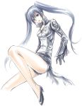  1girl black_eyes black_gloves black_shorts blue_hair collarbone d.gray-man floating_hair gloves hair_between_eyes high_heels highres lenalee_lee long_hair looking_at_viewer open_mouth shirt short_shorts shorts simple_background sketch solo twintails uonuma_yuu very_long_hair white_background white_shirt 
