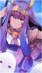  1girl animal_ears bangs bracelet breasts closed_mouth cowboy_shot dark_skin earrings egyptian egyptian_clothes facial_mark fate/grand_order fate_(series) glitter gold hairband highres hoop_earrings jewelry leaning_forward long_hair looking_at_viewer medium_breasts medjed nitocris_(fate/grand_order) purple_hair revealing_clothes sidelocks smile very_long_hair violet_eyes wadakazu 