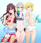  3girls :3 ass ball beachball bikini blonde_hair blue_background blue_eyes bracelet brown_eyes brown_hair earrings eyelashes finger_to_mouth gradient gradient_background green_eyes grey_hair highres holding holding_ball ichinose_shiki idolmaster idolmaster_cinderella_girls innertube jewelry legs long_hair looking_at_viewer miyamoto_frederica multiple_girls navel pointing_weapon sarong shiomi_shuuko short_hair_with_long_locks side-tie_bikini swimsuit twitter_username watanukin_(etson122127) water_gun 