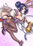  1girl absurdres ahoge animal_ears ass azur_lane black_hair black_legwear bunnysuit commentary_request derivative_work high_heels highres holding looking_at_viewer machinery ning_hai_(azur_lane) oooqqq pantyhose piko_piko_hammer rabbit_ears side_bun smile solo turret 