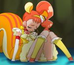  1girl animal_ears arisugawa_himari blush cherry choker closed_eyes closed_mouth cure_custard elbow_gloves food food_themed_hair_ornament fruit gloves hair_ornament haruyama_kazunori kirakira_precure_a_la_mode magical_girl orange_hair partially_submerged precure side_ponytail sitting solo squirrel_ears squirrel_tail tail water white_gloves yellow_hairband 