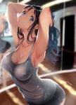  1girl arched_back armpits arms_up black_hair blue_eyes breasts cleavage collarbone commentary_request grey_shirt hair_pulled_back hands_in_hair head_tilt hips idolmaster idolmaster_cinderella_girls indoors large_breasts long_hair looking_at_viewer looking_to_the_side mirror murasame_nohito puckered_lips sagisawa_fumika shiny shiny_skin shirt shorts solo sweat sweatdrop sweating tank_top waist 