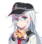  10s 1girl anchor_symbol black_hat blue_eyes blue_hair eyebrows_visible_through_hair gift happy_birthday hat hibiki_(kantai_collection) highres holding holding_gift kantai_collection long_hair long_sleeves looking_at_viewer luode_huayuan red_ribbon ribbon solo upper_body 