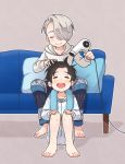  2boys ^_^ black_hair closed_eyes couch hair_dryer hair_over_one_eye hood hoodie jewelry katsuki_yuuri male_focus multiple_boys open_mouth ring ruei_(chicking) silver_hair sitting smile towel towel_around_neck viktor_nikiforov yuri!!!_on_ice 