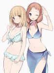  2girls ;d aqua_bikini bangs bikini blonde_hair blue_bikini blue_eyes blush breasts brown_hair cleavage cowboy_shot eyebrows_visible_through_hair fukuji_mihoko hand_on_another&#039;s_shoulder hand_up heterochromia highres itsumi_(itumiyuo) large_breasts long_hair looking_at_viewer low_twintails medium_breasts multiple_girls navel one_eye_closed open_mouth parted_lips plaid plaid_bikini saki sarong simple_background smile swimsuit takei_hisa tareme twintails violet_eyes waving white_background yellow_eyes 