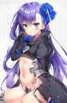  &gt;:o 1girl :o armor armored_boots asymmetrical_bangs bangs blue_eyes blue_ribbon blush boots crotch_plate eyebrows_visible_through_hair fate/extra fate/extra_ccc fate_(series) flat_chest hair_ribbon hand_up juliet_sleeves long_hair long_sleeves looking_at_viewer meltlilith navel parted_lips puffy_long_sleeves puffy_sleeves purple_hair revealing_clothes ribbon riichu sitting solo stomach thighs very_long_hair 