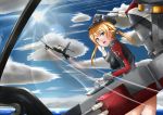  10s 1girl aircraft airplane blonde_hair blue_eyes blush butter_curry gloves grey_hat kantai_collection looking_at_viewer me_262 parted_lips prinz_eugen_(kantai_collection) short_hair short_twintails solo teeth twintails white_gloves 