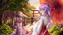  1girl blue_eyes braid breasts cleavage flower hair_flower hair_ornament highres japanese_clothes long_hair looking_at_viewer medium_breasts miko muwa12 neptune_(series) purple_hair purple_heart shrine solo symbol-shaped_pupils twin_braids umbrella very_long_hair 