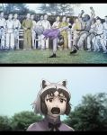  1girl animal_ears black_hair brown_eyes bruce_lee cerulean_(kemono_friends) commentary_request common_raccoon_(kemono_friends) day enter_the_dragon grey_hair highres kemono_friends martial_arts multicolored_hair multiple_boys open_mouth outdoors raccoon_ears raccoon_tail short_hair short_sleeves tail ueyama_michirou 