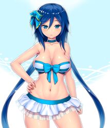  1girl arm_at_side armpit_peek asamura_hiori bangs bikini bikini_skirt blue_bikini blue_bow blue_choker blue_eyes blue_hair bow breasts breasts_apart choker closed_mouth collarbone commentary_request contrapposto expressionless eyebrows_visible_through_hair fingernails front-tie_bikini front-tie_top hair_between_eyes hair_bow hand_on_hip highres large_breasts long_hair looking_at_viewer mother_(pso2) navel phantasy_star phantasy_star_online_2 see-through shiny shiny_hair shiny_skin solo standing stomach striped striped_bikini swimsuit upper_body very_long_hair white_background 