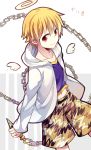  1boy bangs blonde_hair chains closed_mouth fate/stay_night fate_(series) gilgamesh hair_between_eyes hood hoodie looking_at_viewer male_focus navel open_clothes open_hoodie red_eyes shorts smile solo yimu 