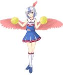  1girl alternate_costume bird_wings blue_hair blush character_name cheerleader closed_mouth full_body gomi_(gomitin) head_wings horns looking_at_viewer miniskirt multicolored_hair pom_poms red_eyes shirt short_hair silver_hair skirt sleeveless sleeveless_shirt smile socks solo standing tokiko_(touhou) touhou two-tone_hair white_legwear wings 