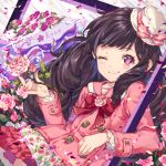  1girl black_hair blush bow flower hat hat_bow hat_ribbon holding holding_flower long_hair looking_at_viewer original pink_bow pink_eyes pink_ribbon pink_rose ribbon roo rose smile solo upper_body white_hat 
