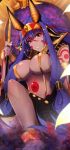  1girl animal_ears anklet barefoot bracelet breasts dark_persona dark_skin earrings egyptian egyptian_clothes erect_nipples facial_mark fate/grand_order fate_(series) hairband highres holding holding_staff hoop_earrings jewelry large_breasts long_hair looking_at_viewer multicolored_hair neck_ring nitocris_(fate/grand_order) parted_lips purple_hair redhead revealing_clothes sidelocks slit_pupils solo squatting staff two-tone_hair very_long_hair violet_eyes wadakazu 