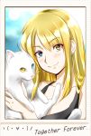  &gt;:) 1girl black_shirt blonde_hair blue_eyes blush cat closed_mouth collarbone commentary_request emoticon english eyebrows_visible_through_hair hair_between_eyes head_tilt heterochromia highres holding_cat long_hair looking_at_viewer original shirt smile suzuki-shi upper_body white_cat yellow_eyes 