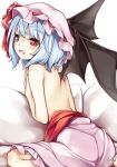  1girl bangs bare_arms bare_back bare_shoulders bat_wings blue_hair blush bow eyebrows_visible_through_hair fang from_behind hat hat_bow highres looking_at_viewer looking_back lying maremay0513 mob_cap on_stomach open_mouth pink_hat red_bow red_eyes remilia_scarlet short_hair signature solo touhou white_background wings 