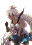  1girl bare_shoulders blush breasts brown_gloves collarbone dark_skin eyebrows_visible_through_hair gloves granblue_fantasy highres leaning_forward long_hair looking_at_viewer luse_maonang medium_breasts open_mouth red_eyes silver_hair smile solo standing teeth the_order_grande very_long_hair 