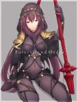  1girl aikanm bangs bodysuit breasts closed_mouth copyright_name covered_navel eyebrows_visible_through_hair fate/grand_order fate_(series) gae_bolg hair_between_eyes holding_spear kneeling long_hair looking_down medium_breasts purple_hair red_eyes scathach_(fate/grand_order) sidelocks solo thighs veil 