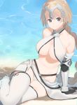  2l_(2lsize) arm_support bare_shoulders blonde_hair breasts commentary_request fate_(series) fur_trim gauntlets grey_eyes headpiece highres large_breasts looking_at_viewer navel ocean ruler_(fate/apocrypha) sitting smile thigh-highs white_legwear 