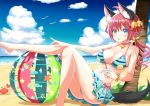  1girl ball beachball bell blue_eyes blush breasts cleavage collarbone crab cup drinking_glass drinking_straw eyebrows_visible_through_hair highres holding_glass large_breasts long_hair looking_at_viewer navel original parted_lips redhead sitting solo tenzeru twintails 