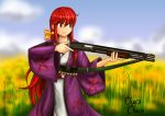  1girl absurdres artist_name bow chacochaco field flower flower_field gun hair_bow highres japanese_clothes kimono kotohime obi red_eyes redhead remington_870 sash shotgun shotgun_shells smile touhou touhou_(pc-98) weapon wide_sleeves 