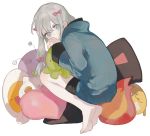  1girl bangs barefoot blue_eyes bow closed_mouth eromanga_sensei eyebrows_visible_through_hair from_side grey_hair hair_bow hands_up heart heart_pillow izumi_sagiri long_hair long_sleeves looking_at_viewer looking_back lunchicken pillow pink_bow sidelocks solo stuffed_animal stuffed_cat stuffed_octopus stuffed_toy tiptoes transparent_background 