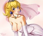  1girl bare_shoulders bent_over blonde_hair blue_eyes breasts bridal_veil choker cleavage dress earrings elbow_gloves eyelashes gloves jewelry large_breasts lips lipstick makeup super_mario_bros. mina_cream off-shoulder_dress off_shoulder princess_peach solo super_mario_bros. super_mario_odyssey tiara veil wedding_dress white_dress white_gloves 