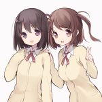  2girls bangs black_hair breasts brown_eyes brown_hair cardigan eyebrows_visible_through_hair hand_on_another&#039;s_shoulder hands_up highres itsumi_(itumiyuo) looking_at_viewer medium_breasts multiple_girls open_mouth saki short_hair simple_background sleeves_past_wrists smile tareme two_side_up upper_body v violet_eyes white_background 