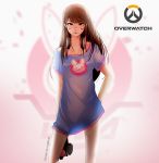  &gt;:3 1girl :3 adapted_costume animal_print arm_at_side arm_behind_back artist_name bangs bare_legs brown_eyes brown_hair bunny_print closed_mouth collarbone copyright_name cowboy_shot d.va_(overwatch) emblem eyebrows_visible_through_hair eyelashes facepaint gun handgun holding holding_gun holding_weapon logo long_hair looking_at_viewer overwatch pink_lips ragelaz shirt_only short_sleeves smile solo standing weapon whisker_markings 