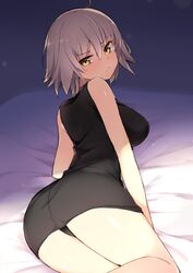  1girl black_dress black_panties breasts dress fate/grand_order fate_(series) from_behind hair_between_eyes haruyuki_(yukichasoba) highres jeanne_alter large_breasts light_brown_hair looking_at_viewer looking_back lying panties ruler_(fate/apocrypha) short_dress short_hair solo underwear yellow_eyes 