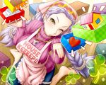  1girl apron barefoot box braid bread breasts brown_eyes cell_(card_game) clover english feet food gift hairband heart house indoors jewelry kneeling large_breasts long_hair looking_up necklace one_eye_closed purple_hair ribbed_sweater soles solo sweater toes twin_braids very_long_hair zenzai_(zenzaio72) 