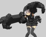  1girl black_rock_shooter brown_eyes commentary_request detached_sleeves flat_chest hood hoodie looking_at_viewer mechanical_arm mechanical_hand mechanical_tail reaching_out shaded_face solo strength_(black_rock_shooter) tatsuki3594 thigh-highs white_hair 