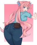  1girl ass belt bent_over blue_eyes blush breasts commentary_request debutya_aki denim eyebrows_visible_through_hair from_behind hair_ornament jeans long_hair looking_at_viewer looking_back maria_cadenzavna_eve medium_breasts open_mouth pants pantylines pink_hair pouch senki_zesshou_symphogear shiny shiny_hair short_sleeves solo standing sweatdrop uniform very_long_hair 