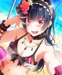  1girl absurdres bangs beach bikini blue_hair blurry blush breasts cleavage depth_of_field flower hair_bun hair_flower hair_ornament hairband highres jewelry long_hair looking_at_viewer love_live! love_live!_sunshine!! navel necklace open_mouth smile solo swimsuit tattoo tipii tsushima_yoshiko violet_eyes 