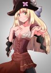  1girl bangs blonde_hair breasts butterfly cleavage collarbone corset cowboy_shot denim dress elbow_sleeve fine_(symphogear) gradient gradient_background grey_background half-skirt hand_on_own_chest hat hime_cut jeans koharu_sasara long_hair looking_at_viewer outstretched_hand pants parted_bangs pirate_costume pirate_hat red_dress sash senki_zesshou_symphogear solo yellow_eyes 