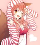  1girl ;d animal_ears animal_hood bangs blush bra breasts bunny_hood cleavage fang fate/extra fate_(series) fox_ears fox_tail heart hood hoodie long_hair looking_at_viewer medium_breasts one_eye_closed open_clothes open_hoodie open_mouth pink_background pink_bra pink_hair sidelocks simple_background smile solo striped striped_sweater sweater tail tamamo_(fate)_(all) tamamo_no_mae_(fate) underwear wavy_hair yellow_eyes yimu 
