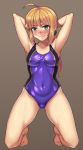  1girl arms_behind_head barefoot blonde_hair blush competition_swimsuit covered_navel erect_nipples fate/stay_night fate_(series) full_body green_eyes highres kneeling long_hair looking_at_viewer nite_(ku3456) one-piece_swimsuit purple_swimsuit saber solo swimsuit 