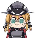  10s 1girl anchor_hair_ornament anger_vein aqua_eyes bkub_(style) black_ribbon blonde_hair chibi hair_ornament hat iron_cross kantai_collection low_twintails military military_hat military_uniform peaked_cap prinz_eugen_(kantai_collection) ribbon twintails uniform yuuki_shishin 