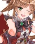  1girl aqua_eyes armpits bare_shoulders blush book breasts brown_hair clarisse_(granblue_fantasy) granblue_fantasy green_eyes hair_ribbon long_hair looking_at_viewer medium_breasts myusha one_eye_closed open_mouth orange_hair ponytail ribbon sideboob smile solo 