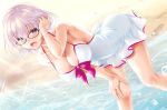  1girl :d arm_up beach black-framed_eyewear breasts bright_pupils casual_one-piece_swimsuit cleavage dutch_angle eyebrows_visible_through_hair fate/grand_order fate_(series) glasses hair_tucking hand_on_own_knee kure_masahiro large_breasts looking_at_viewer one-piece_swimsuit open_mouth outdoors purple_hair see-through_silhouette shielder_(fate/grand_order) short_hair smile solo sparkle strap_gap sunlight swimsuit violet_eyes white_pupils white_swimsuit 