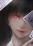  1girl bangs black_hair blunt_bangs blush card close-up commentary_request eyelashes face highres hime_cut jabami_yumeko kakegurui lips long_hair looking_at_viewer playing_card portrait red_eyes solo yamamoto_no_ari 