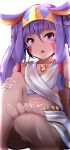  &gt;:o 1girl :o animal_ears bangs bare_shoulders barefoot blush bracelet chestnut_mouth collarbone dark_skin earrings egyptian facial_mark fate/grand_order fate_(series) feet foreshortening glitter gold hairband highres hoop_earrings jewelry long_hair looking_at_viewer navel nitocris_(fate/grand_order) open_mouth purple_hair sidelocks soles solo stomach toes very_long_hair violet_eyes wadakazu 