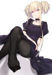  1girl aoki_hagane_no_arpeggio bangs black_dress blonde_hair blunt_bangs breasts choker dress eyes_visible_through_hair feet head_tilt kongou_(aoki_hagane_no_arpeggio) legs_crossed light_smile long_hair looking_at_viewer medium_breasts no_shoes panties panties_under_pantyhose pantyhose parted_lips pink_eyes puffy_short_sleeves puffy_sleeves rokuwata_tomoe short_hair_with_long_locks short_sleeves short_twintails sidelocks sitting solo thighband_pantyhose toes twintails underwear 