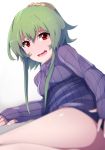  1girl :d ass bangs black_panties blush breasts fang foreshortening green_hair hair_ornament hair_scrunchie highres long_hair long_sleeves looking_at_viewer open_mouth original panties ponytail red_eyes ribbed_sweater scrunchie sidelocks small_breasts smile solo sweater underwear wadakazu 
