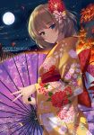 1girl bangs blue_eyes blush brown_hair character_name commentary_request floral_print flower fukai_ryousuke full_moon green_eyes hair_flower hair_ornament heterochromia idolmaster idolmaster_cinderella_girls japanese_clothes kimono leaves_in_wind looking_at_viewer looking_to_the_side mole mole_under_eye moon night obi outdoors parasol red_sash sash short_hair smile solo takagaki_kaede tree umbrella wide_sleeves wind yellow_kimono 