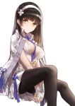  1girl between_breasts black_hair black_legwear breasts cleavage fingerless_gloves flower girls_frontline gloves hair_flower hair_ornament hairband kim_eb large_breasts long_hair looking_at_viewer pantyhose qbz-95_(girls_frontline) simple_background solo v_arms very_long_hair white_background white_gloves white_hairband yellow_eyes 