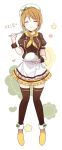  1girl :t ^_^ apron bangs beret black_legwear blush boots brown_hair closed_eyes closed_mouth coco&#039;s eating facing_viewer food food_on_face frilled_apron frills hat koizumi_hanayo love_live! love_live!_school_idol_project neckerchief puffy_short_sleeves puffy_sleeves short_hair short_sleeves smile solo standing thigh-highs waist_apron waitress wrist_cuffs yellow_boots yimu 