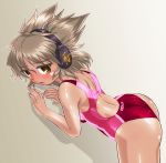 1girl ass brown_eyes brown_hair competition_swimsuit cowboy_shot earmuffs from_behind one-piece_swimsuit open_mouth pointy_hair red_swimsuit short_hair solo standing swimsuit touhou toyosatomimi_no_miko winn 